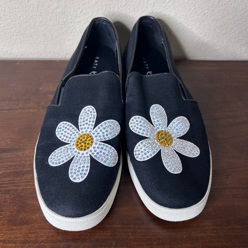 Katy Perry Sneakers Size 10 Black Canvas Slip On Daisy Rhinestone Embellished - Picture 2 of 8